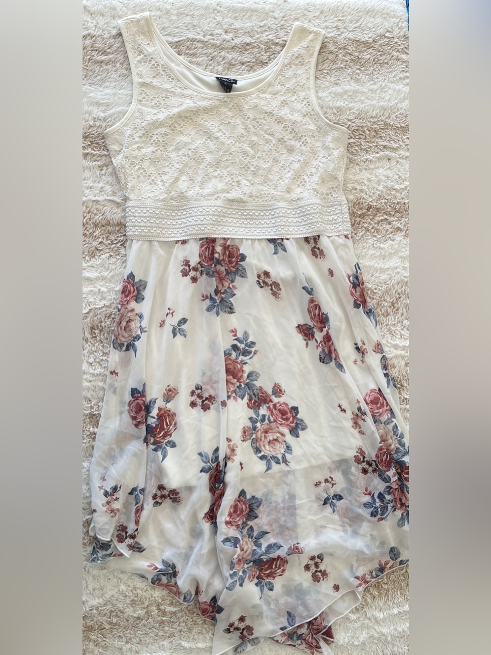 Rue21 White Lace Bodice Floral Dress with Pink and Blue Roses